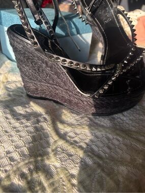 Christian Louboutin Black Studded Espadrille Wedges